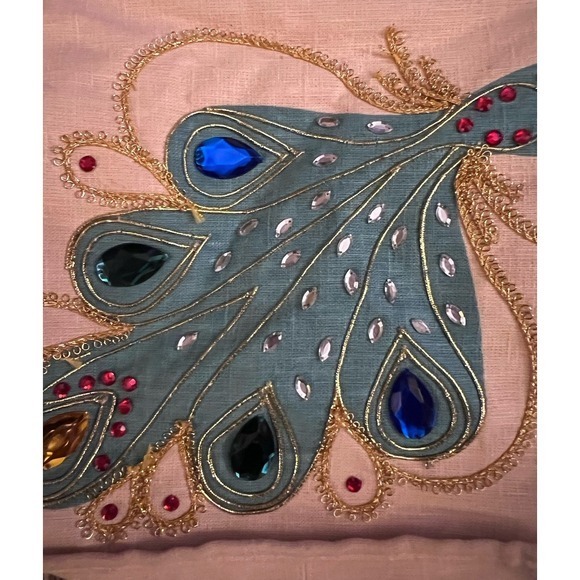 Vintage‎ Linen Peacock Wooden Handle Handbag W/Rhinestones 10"x13x3" - Picture 3 of 13